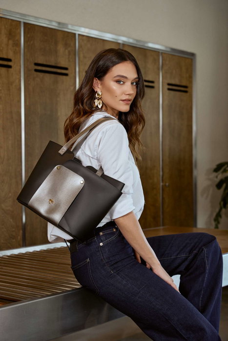Lucky Bees Bolso Tote 1292 Piel Negro y Gris 30x12x26 cm